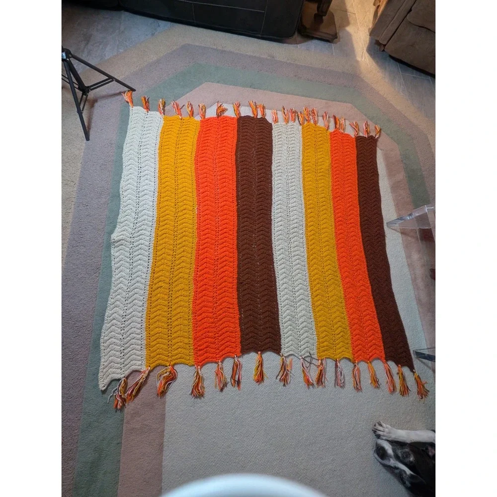Crochet Afghan Yellow Orange Brown Harvest Autumn Blanket Handmade 54X59 Vintage